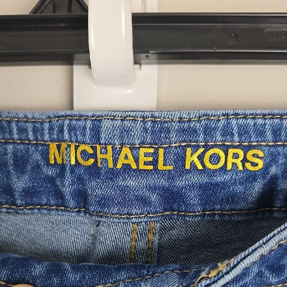 Michael Kors Womens Sailor Wide Leg Jeans Medium Wash‎ Blue Gold Buttons Size 14